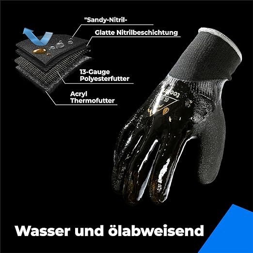 Waterproof Gloves Bulk Pack for Men and Women, 3 Pairs, Freezer Gloves with Grip, Double Nitrile Dipped for Extreme Oil Repellent, for Construction, Mechanics, Mining, Plumbing, Black, Large