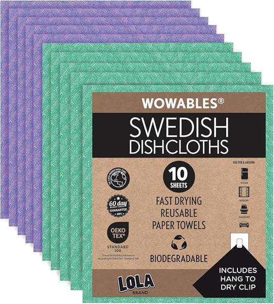 LOLA Swedish Dishcloths, 10 Sheets Biodegradable Reusable Paper Towels Absorbent Kitchen Sponge Cloths Zero Waste No Odor, Made in Germany
