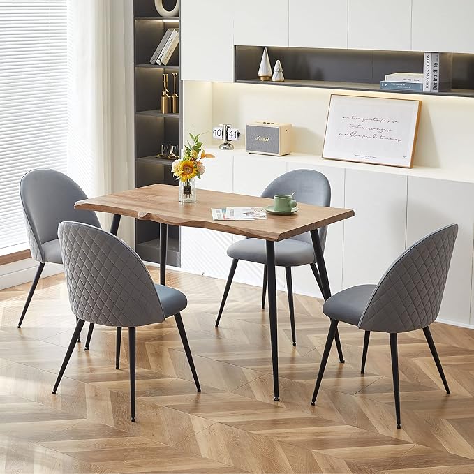 5-Pieces Kitchen Dining Table Set for 4,Unique Design Live Edge Dining Table with Thick Tabletop & 4 Grey Velvet Dining Chair Upholstered Set with Stable Metal Legs for Restaurant,Dining Hall