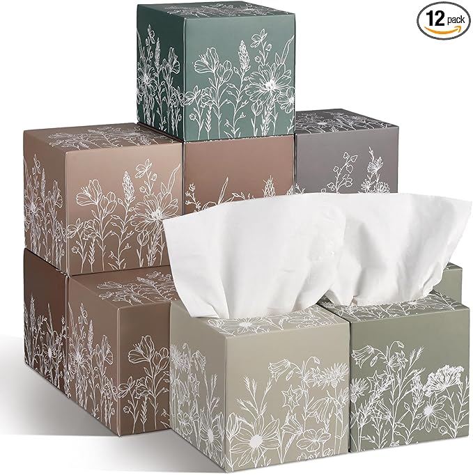 12 Pack Christmas Flower Line Drawing Facial Tissues Cube Face Boxes 600 Sheets 3 Ply Small Square Tissues Bulk for Xmas Car Bedroom Supplies