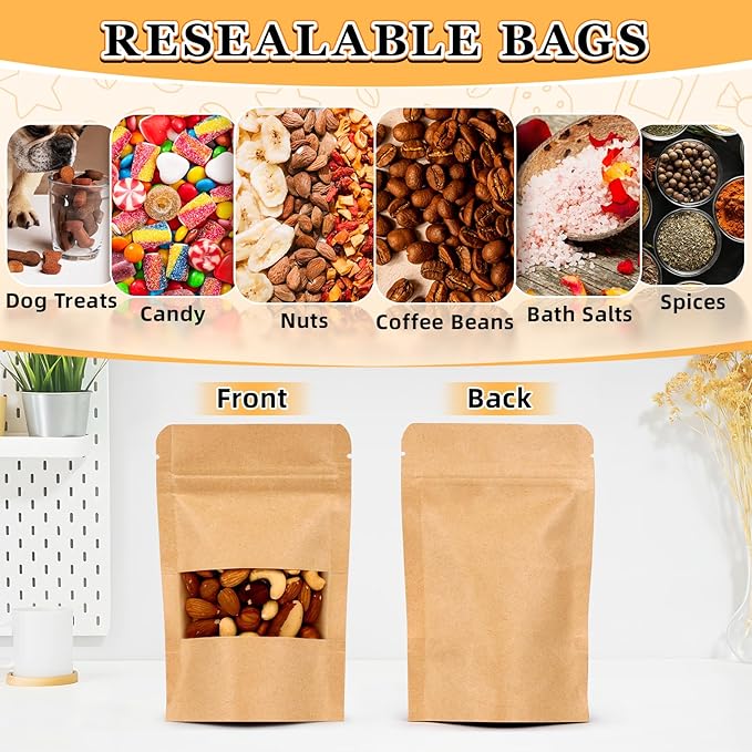 Smell Proof Bag, 100 Pack Mylar Bags for Small Business, Food Storage Bags with Window, Dog Treat Bag, Bakery Bags, Candy Packaging, Resealable Paper Stand Up Pouch (4"x6")