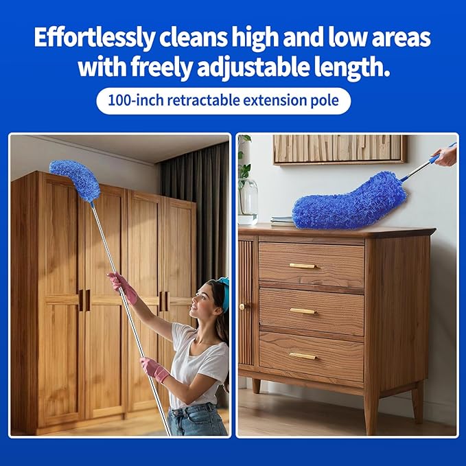 Cobweb Duster with Extension Pole, Washable Cleaning Duster Set with 2 Duster Heads, Spider Web Brush with Pole,high Ceiling Duster with Extension Pole,Cleaning Supplies,Ceiling Fan Cleaner