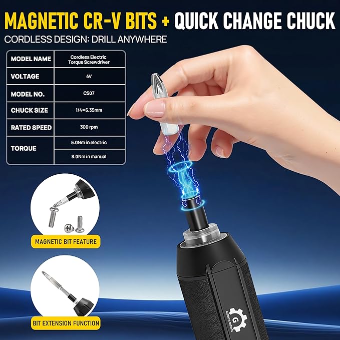 Electric Torque Screwdriver Set 4V with 3 Torque Settings 5.5Nm Max Electric and 8.5 Manual Torque LED Light, 2000mAh Battery, 35 Magnetic Bits, Extension Rod, Magnetic Wristband, Tray and Storage Box