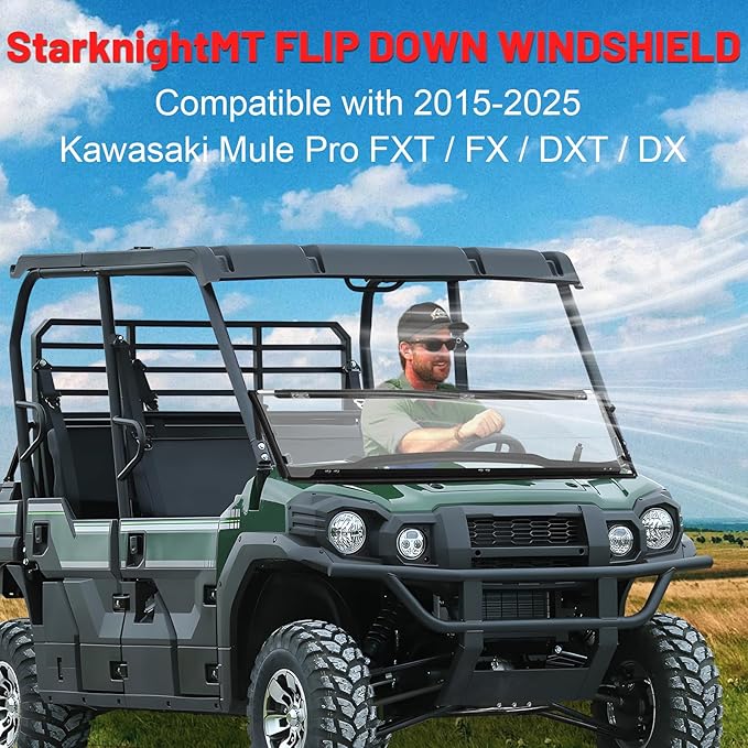 StarknightMT Heavy Duty Anti-Scratch Mule Pro Flip Down Windshield Compatible with 2015-2025 Kawasaki Mule Pro FXT / FX / DXT / DX Fold Window Hard-Coated Polycarbonate 250X Stronger Than Glass