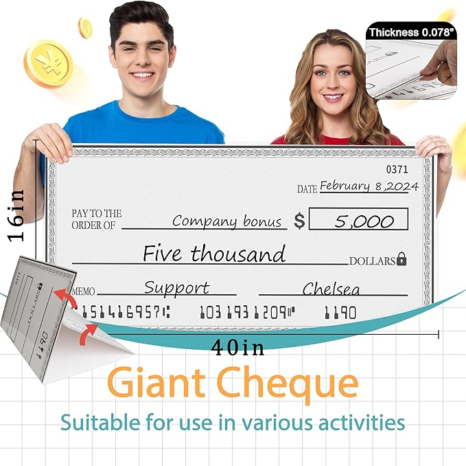 40x16 Inch Big Checks Giant Check for Presentations - Reusable Big Oversized Blank Check for Presentation - Photo-Ready for Award Ceremonies-Op for Fundraisers, Charity & Donation Events