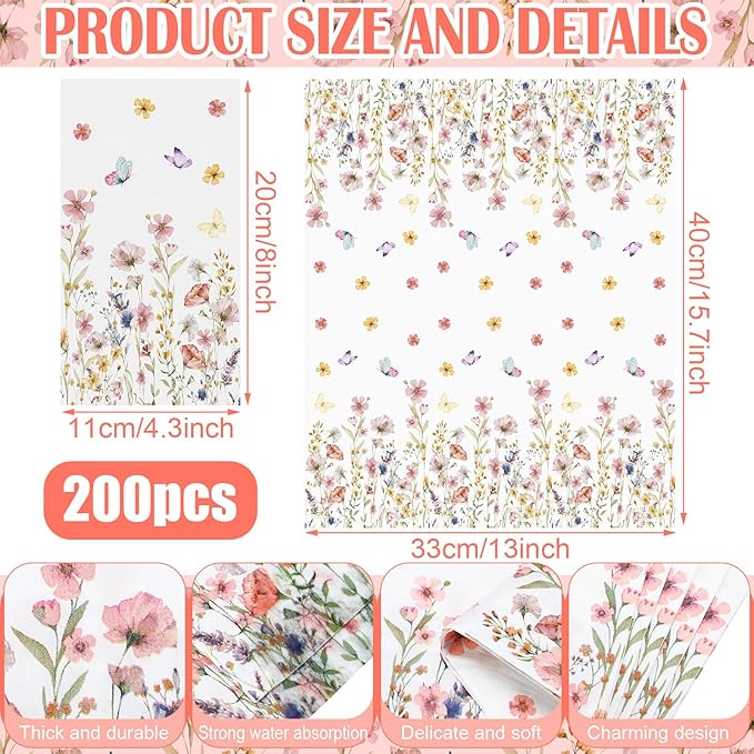 Jetec 200 Pcs Floral Disposable Hand Towels for Bathroom Spring Floral Guest Napkins 2 Ply Flowers Bathroom Guest Towel Napkins Spring Disposable Guests for Birthday Holiday Tea Dinner Party