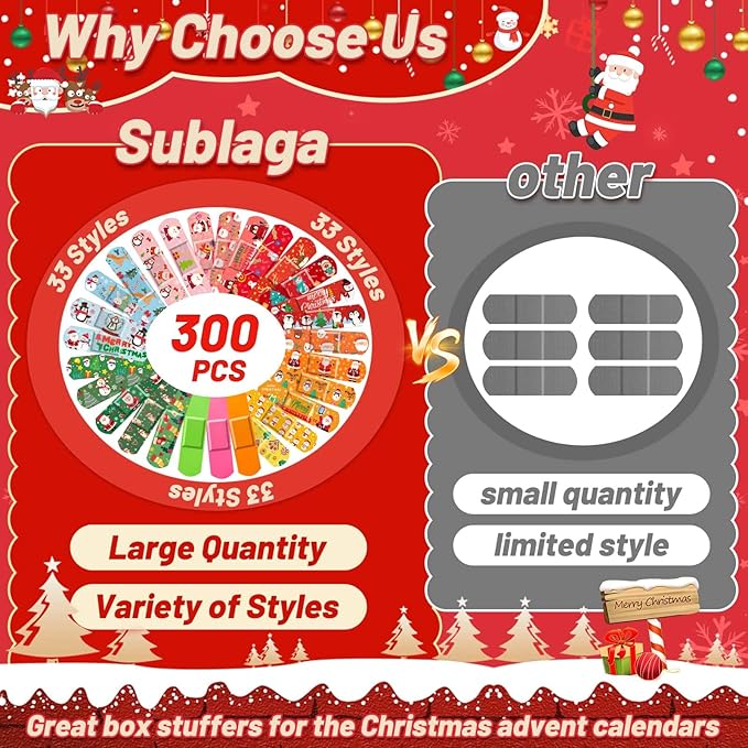300 Pcs Christmas Kids Bandages 33 Style Cute Cartoon Santa Claus Bandage Flexible Breathable Christmas Character Bandages Strip Protect Cuts for Girls Boys Children Toddlers (Santa Claus)