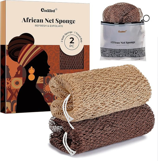 CORATED African Net Sponge Authentic, Shower Loofah Exfoliating Bath Sponge, Body Scrubber for Women and Men Daily Use Body Care, Travel Portable, Durable Bath Accessories for Bathroom (Linen & Brown)