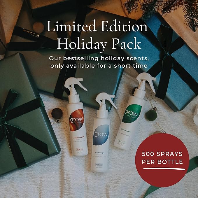 Grow Fragrance Certified Non Toxic, 100% Plant Based Fabric and Room Air Freshener Spray. Made with All Natural Essential Oils (Holiday 3 Pack - Pine Forest, Holiday Hearth, Snowscape) 3 x 5oz