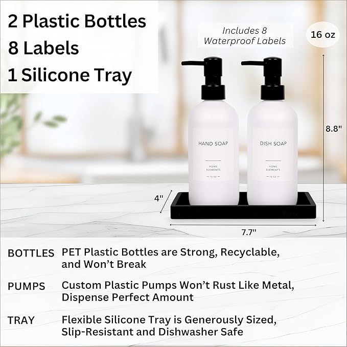 Plastic Soap Dispenser Set - PET Plastic Dish Soap Dispenser for Kitchen, Hand Soap Lotion Bottles with Pump Dispenser for Bathroom, Includes 8 Waterproof Labels, 16 oz, Black Silicone Tray