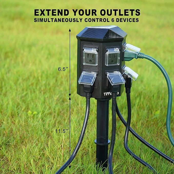 TiFFCOFiO Outdoor Power Strip Weatherproof, 15 FT Extension Cord with Stake, 6 Grounded Outlets for Halloween Inflatables and Decorations, 15A/1875W, ETL Listed