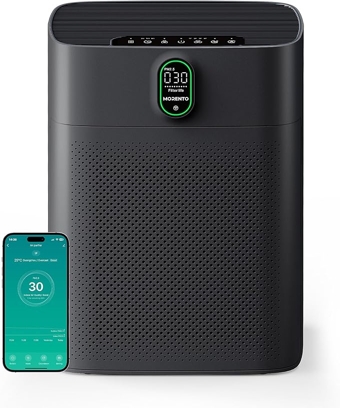 MORENTO Air Purifier for home Large Rooms up to 1076 ft2, Wi-Fi and Alexa compatible, PM2.5 Air Quality Display, Auto Mode, HEPA Filter Removes Dust, Pollen, Smoke 1 Pack +2 Pack Filters(Black)