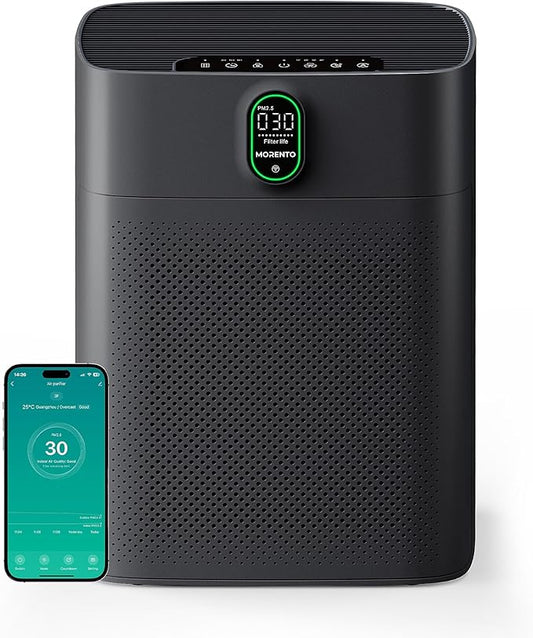 MORENTO Air Purifier for home Large Rooms up to 1076 ft2, Wi-Fi and Alexa compatible, PM2.5 Air Quality Display, Auto Mode, HEPA Filter Removes Dust, Pollen, Smoke 1 Pack +2 Pack Filters(Black)