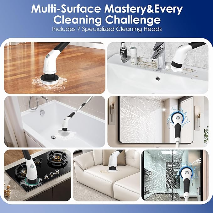 Cordless Electric Spin Scrubber, IPX7 Waterproof Rechargeable Power Cleaning Brush with 4500mAh Battery, 210min Runtime, 7 Brush Heads, 3 Adjustable Speeds, for Shower, Tub, Tile, Kitchen, Floor