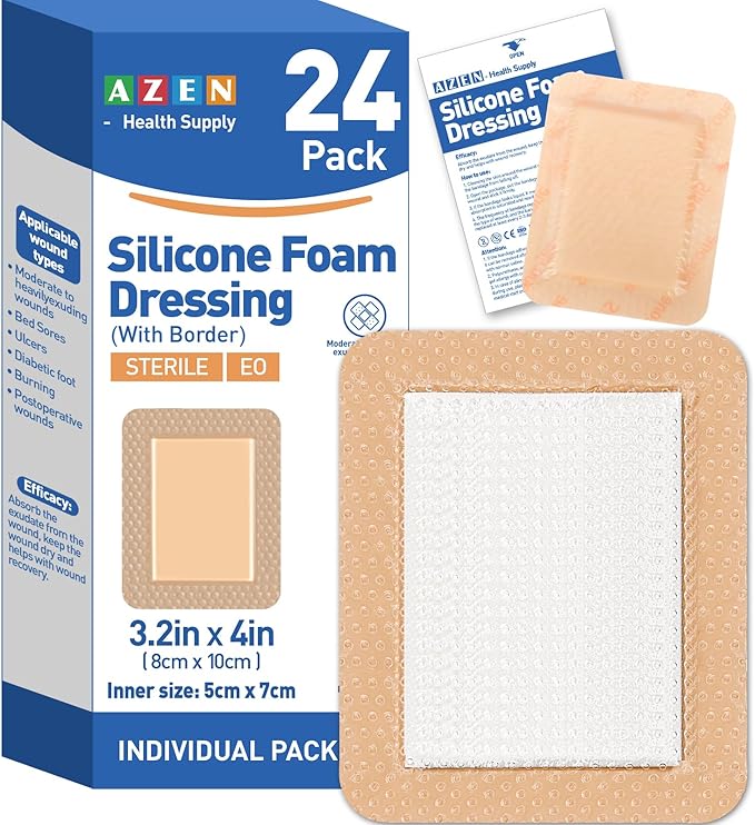 AZEN 24 Pack Silicone Foam Dressing, 3.2" X 4" Waterproof Silicone Bandages with Border Adhesive, Large Bandages for Wounds, Self Adhesive Wound Care and Dressings