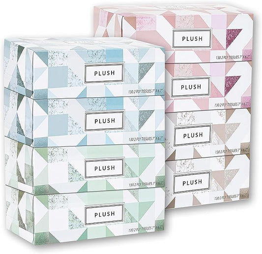 Plush Facial Tissues 130 Per Box Size 7" X 6.9" 2 Ply,Soft, Smooth, Great for Bathroom, Office, Store, School,Home, Kitchen, Or in Your Car & in Every Room (Family pack Pack of 8, 1040 Tissues total)