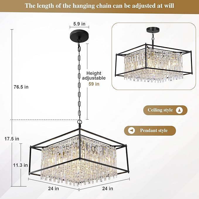 Black Chandeliers for Dining Room, Black Square Lndustrial Chandelier Crystal Pendant Light for Kitchen Island Dining Room Living Room Flat and Inclined Ceiling,L24 x W24 x H17.5