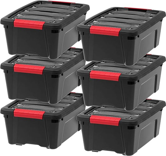 IRIS USA 12 Quart Hard Plastic Stack and Pull Closet Black Storage Box with Built In Handles, 6 Pack