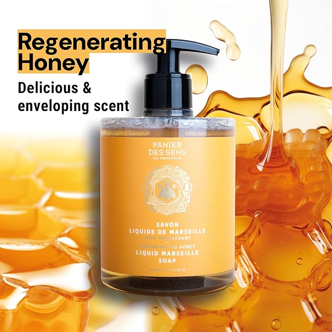 Panier des Sens - Moisturizing Hand Soap - Honey Fragrance - French Traditional Savon de Marseille Soap with Coconut Oil - Refillable Kitchen & Bathroom Soap - 16.9 Fl.oz Liquid Hand Wash 97% Natural