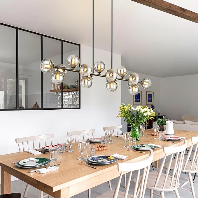 Chandelier,16-Light Large Pendant Lights Kitchen Island Black Linear Sputnik Chandelier Modern Chandeliers for Dining Room Bubble Gray Globe Island Lights for Kitchen Farmhouse Chandelier 55in