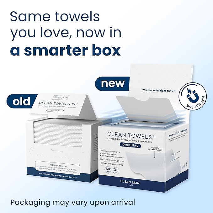 Clean Skin Club Clean Towels XL®, 100% USDA Biobased Face Towel, Disposable Face Towelette, Eczema Association Accepted, Makeup Remover Dry Wipes, Ultra Soft, 50 ct per pack, 4 Packs, 200 Ct Total