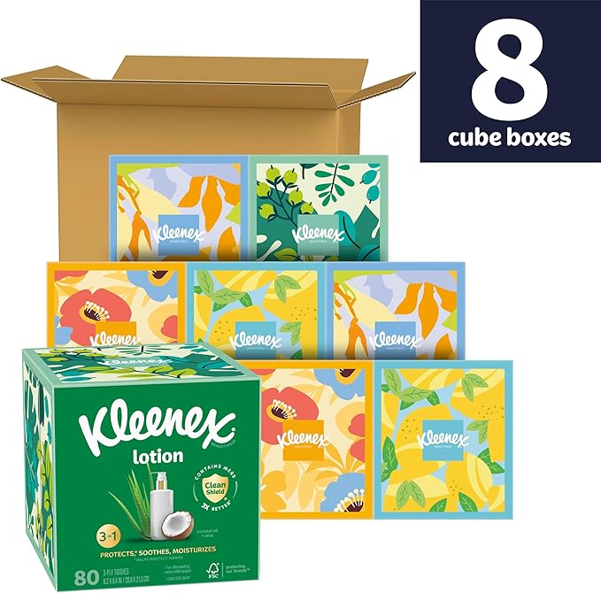 Kleenex Lotion Facial Tissues with Coconut Oil, 8 Cube Boxes, 80 Tissues Per Box, 3-Ply