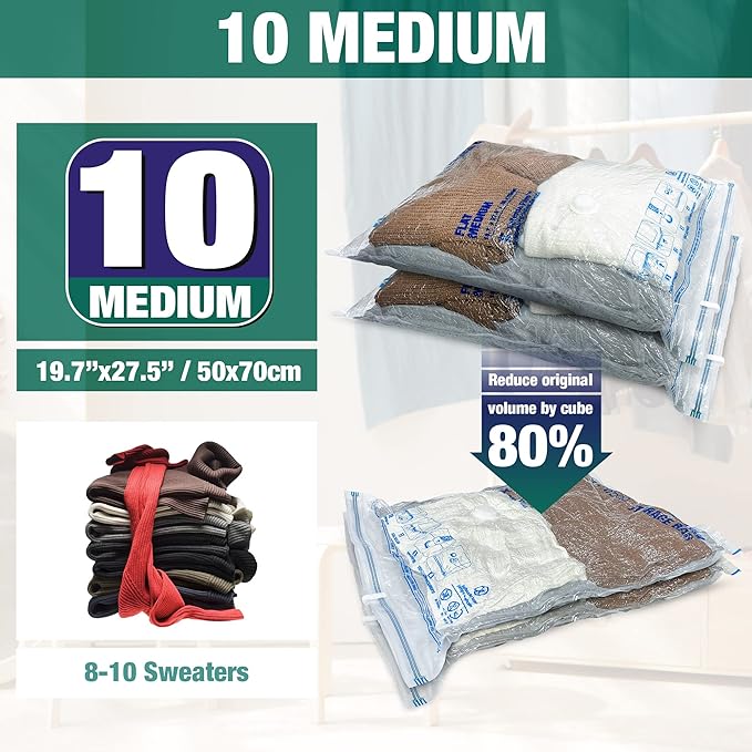 Vacuum Storage Bags, 10 Medium Space Saver Vacuum Seal Bags, Space Bags, Vacuum Sealer Bags for Clothes with Travel Hand Pump (10M)