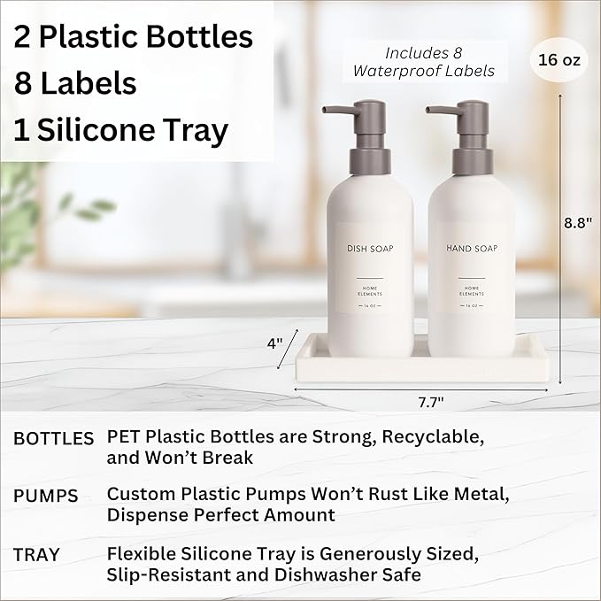 Plastic Soap Dispenser Set - PET Plastic Dish Soap Dispenser for Kitchen, Hand Soap Lotion Bottles with Pump Dispenser for Bathroom, Includes 8 Waterproof Labels, 16 oz, White Silicone Tray