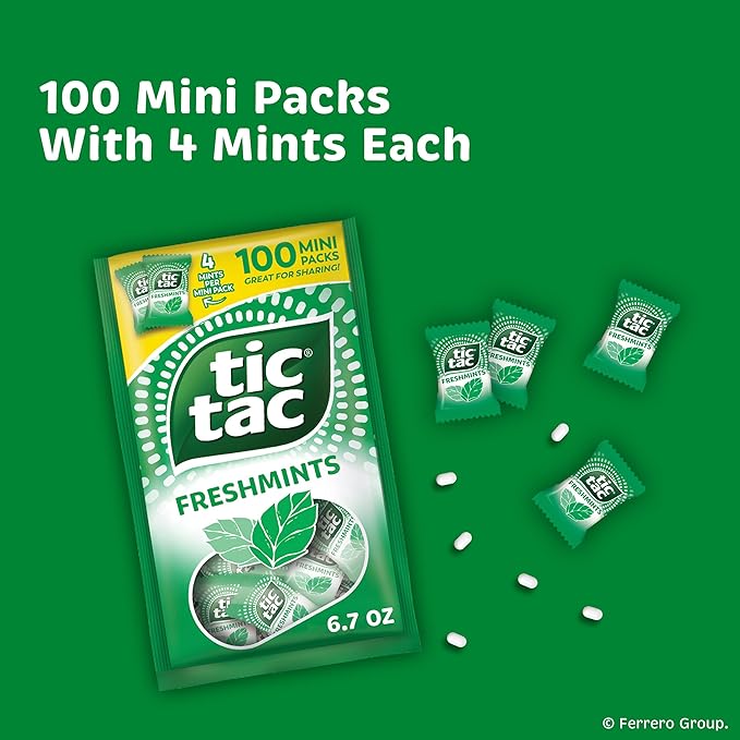 Tic Tac Freshmints, Bulk Bag with 100 Mini Packs (4 Mints each), Share-Size, On-the-Go Mints, 6.7 oz