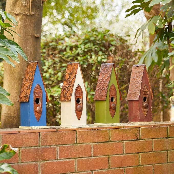 Glitzhome 13.25" H Wood Hand Painted Distressed Garden Birdhouse Hanging Bird House for Outdoors