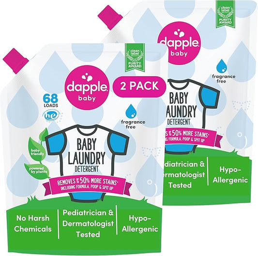 Dapple Baby Laundry Detergent, Powered by Plants, Concentrated, Hypoallergenic, Fragrance Free, Eco-Friendly Pouch, Stain Remover, 34 Fl Oz (2 Pack)