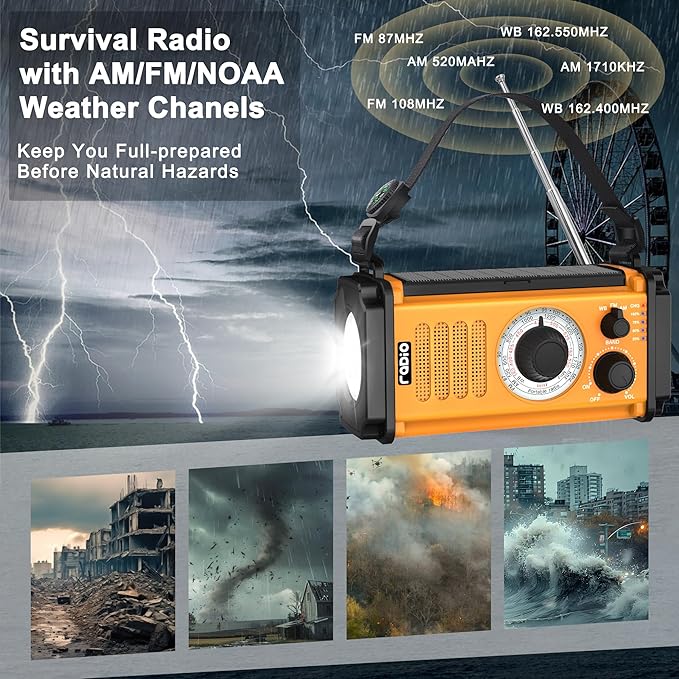 48100mWh Crank Emergency Weather Radio, Solar Hand Crank NOAA/AM/FM Radio, Portable Dynamo Radio, Flashlight & Reading Lamp,SOS,Earphone Jack, Compass for Hurricane Storm Camping Outdoor Survival Kit