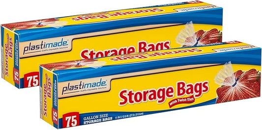 Disposable Plastic Storage Bags With Original Twist Tie, 1 Gallon Size, 150 Bags, Great For Home, Office, Vacation, Traveling, Sandwich, Fruits, Nuts, Cake, Cookies, Or Any Snacks (2 Packs)
