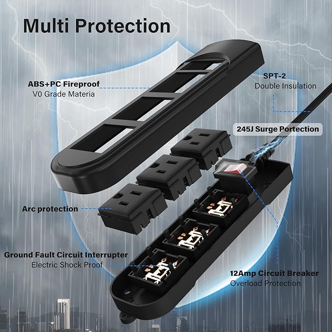 Outdoor Power Strip 15 Ft, IPX4 Waterproof Surge Protector 3 Widely Spaced AC Outlets Extension Cord, 45° Flat Plug, Wall Mountable, 18 Gauge 125V for Garden Patio Camping Christmas Lights-ETL