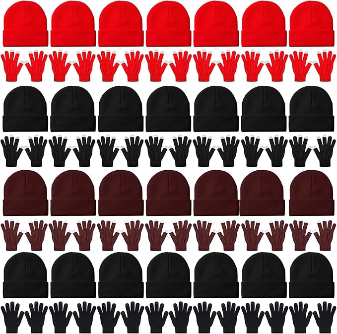 Kenning 56 Pcs Winter Beanies and Gloves Combo Kit Include 28 Pair Winter Gloves 28 Pcs Knitted Beanies Unisex Hats for Adult