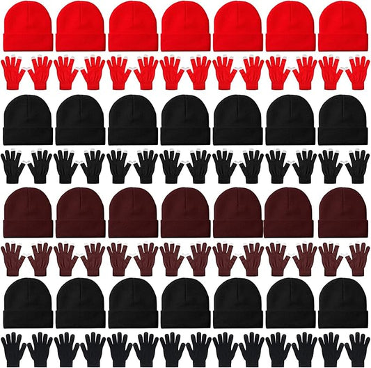 Kenning 56 Pcs Winter Beanies and Gloves Combo Kit Include 28 Pair Winter Gloves 28 Pcs Knitted Beanies Unisex Hats for Adult