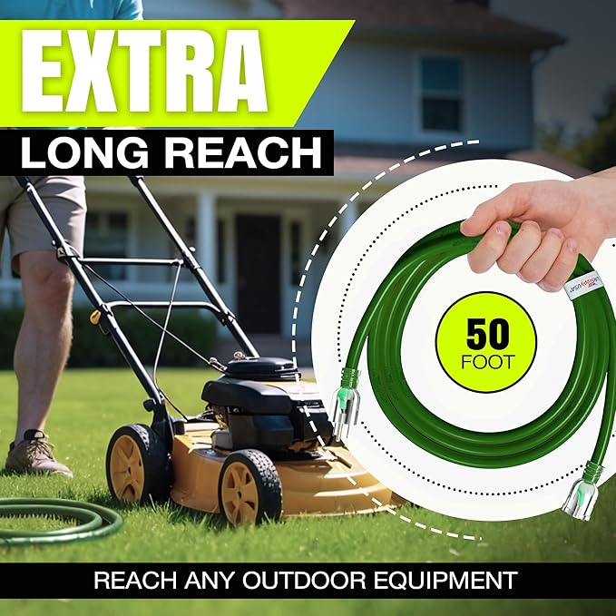 50ft Outdoor/Indoor Extension Cord 14/3 Gauge Heavy Duty 3 Prong SJTW, Waterproof, Flexible Cold-Resistant Long Power Cord,15A 125V 1875W, Green by LifeSupplyUSA
