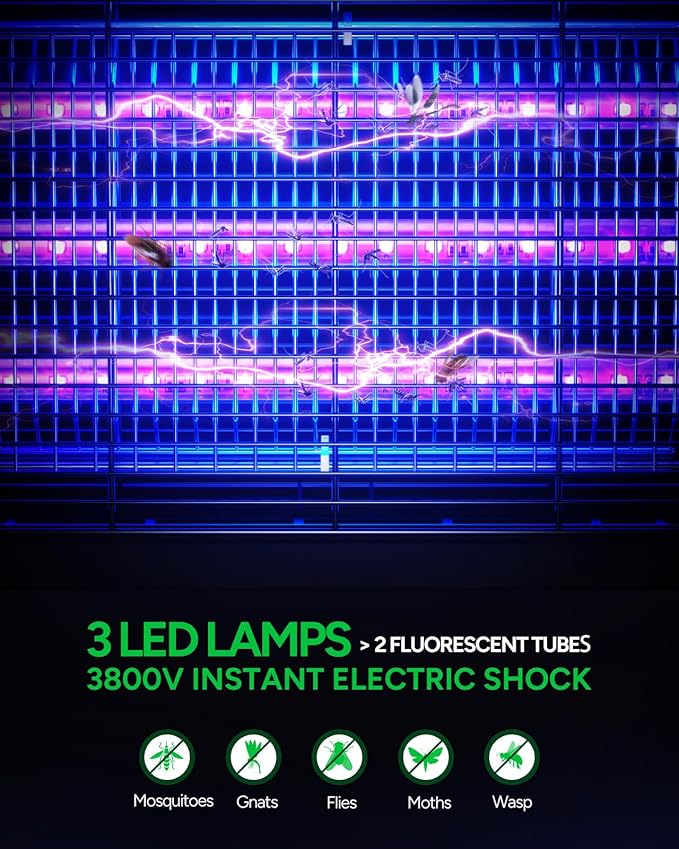 Buzbug LED Bug Zapper Indoor, 10 Years Lifespan 3 Lamps Enhance Insect Attraction, 3800V High-Voltage, Electric Mosquito Zapper, Fruit Fly Mosquito Moth Gnat Zapper, Killer, Trap -MA009