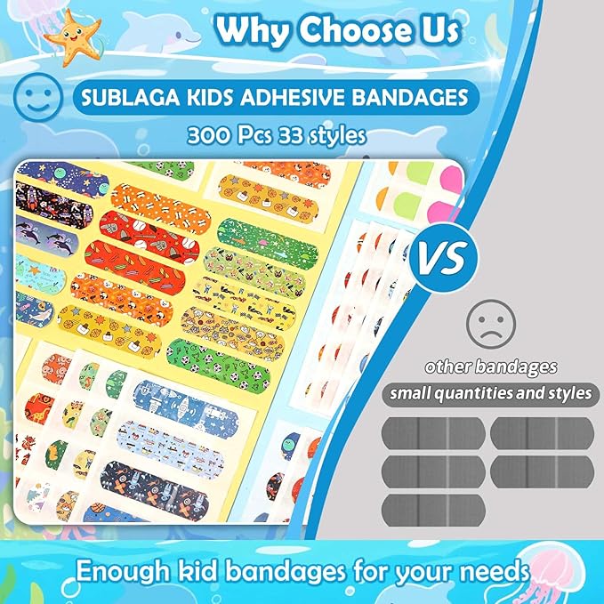 33 Style Kids Cartoon Bandages 300 Pcs Cute Bandages Adhesive Flexible Colorful Bandage Toddler Bandage Waterproof Breathable Protect Scrapes and Cuts for Girls Boys Children Toddlers (Cool)