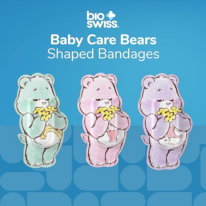 BioSwiss Care Bears Kids Bandages, Baby Care Bear Shaped Self Adhesive Bandage Set, Latex Free, Sterile Wound Care, 24 Count