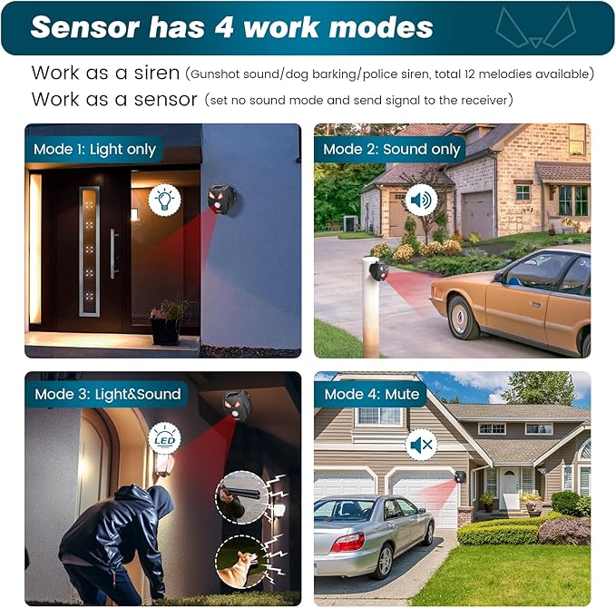 Solar Wireless Driveway Alarm Alert Outside 2000ft Range, Outdoor Motion Sensor & Detector Driveway Alert System with Rechargeable Battery/Weatherproof/Mute Mode/Expandable(1 Receiver and 2 sensors)