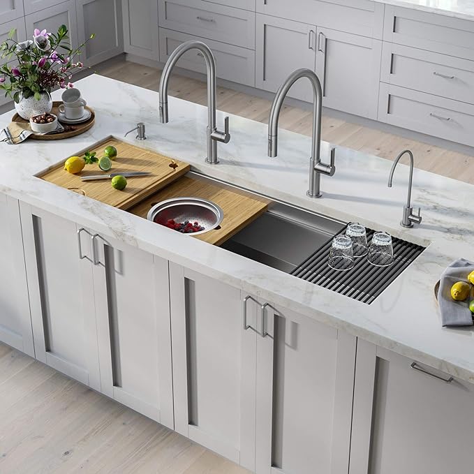 KRAUS Kore 57-inch Undermount Workstation 16 Gauge Single Bowl Stainless Steel Kitchen Sink with 10 Accessories, KWU210-57