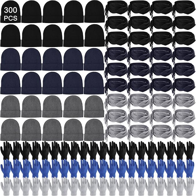 Unittype 300 Pcs Winter Beanies Gloves Scarf Set Bulk 100 Knit Skull Cap 100 Pair Winter Gloves 100 Neck Warmer for Men Women
