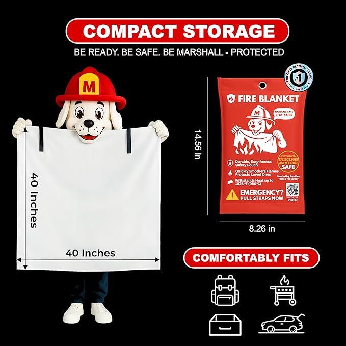 Marshall Fire Blankets Emergency for Home 2 Pack – 40x40 Fire Blanket Made in The USA. Fire Suppression for Kitchen, Business, Car, RV. Less of A Mess Than A Fire Extinguisher. Non-Toxic, Food Safe.