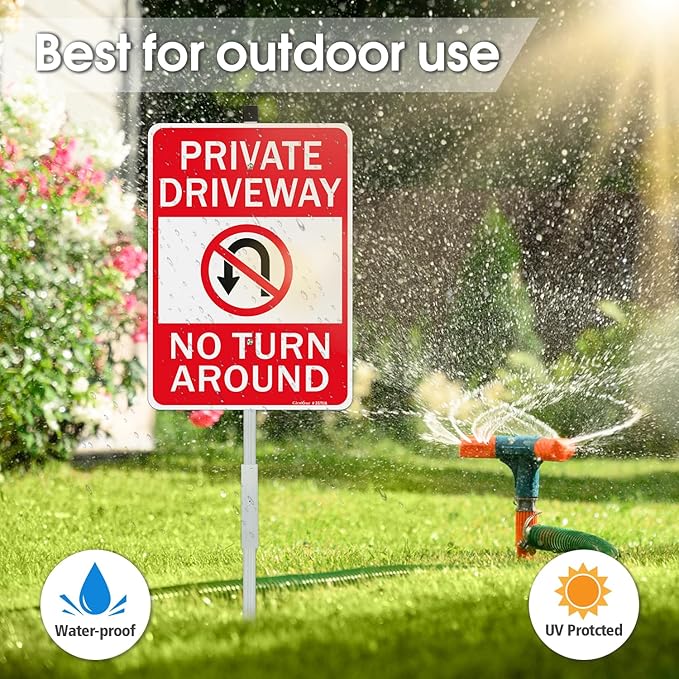 GicnKeuz Private Driveway No Turn Around with 36" Metal Stake Signs, 14 x 10 Inches Reflective Aluminum Signs, Fade Resistant/Waterproof, Easy to Install, Outdoor Use （1 Pack）