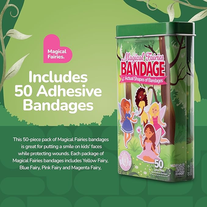 BioSwiss Kids Bandages, Magical Fairies Shaped Self Adhesive Bandage Set, Latex Free, Sterile Wound Care, 50 Count