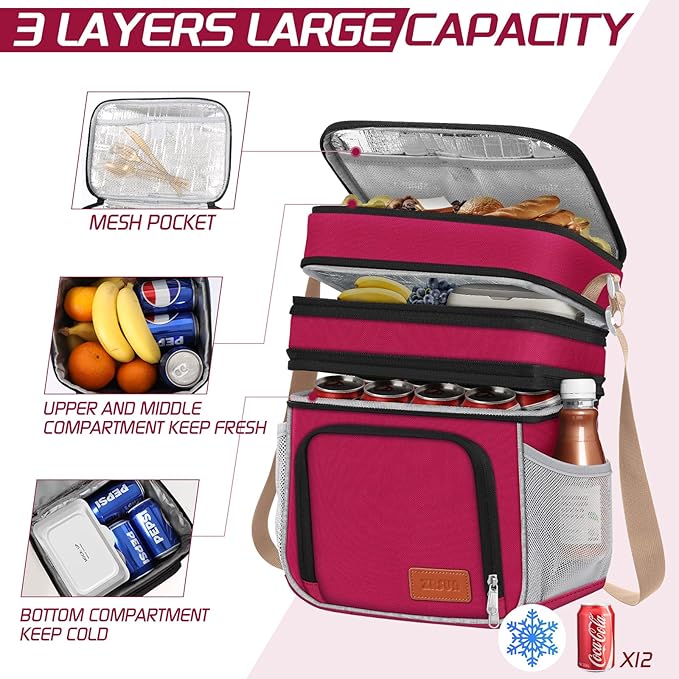 Insulated Lunch Bag for Women Men, Reusable 3 Layers Lunch Box Women, Expandable Reusable Water-resistant Lunch Box for Work Travel Office Picnic Hiking (Red)