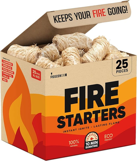 Moscow-Mix 25 pcs Fire Starter Indoor and Outdoor - Fire Starters for Fireplace, Campfires, BBQ, Wood Stove, Smokers, Fire Pits - Charcoal Starter for Grill - Natural All-Weather Pine Starters
