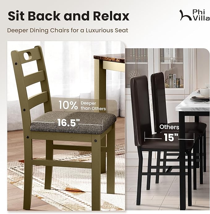 PHI VILLA Dining Table Set for 4, Modern Farmhouse Kitchen Table Set, Faux Marble Dining Table and 4 Cushioned Chairs, Solid Rubber Wood Dining Room Table Set, Emperador Dark Marble& Olive
