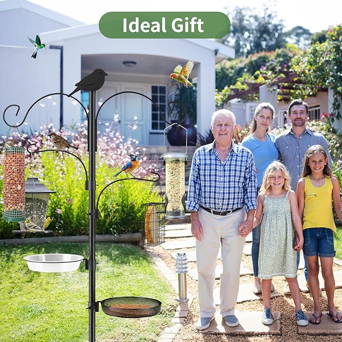 Bird Feeder Pole, 91in 4 Hook Bird Feeding Station Kit with Adjustable Shepherds Hooks, Birds Feeder for Outdoors with Pole 5 Prongs Base Attracting Wild Birds (ATR Deco, Black 91in)
